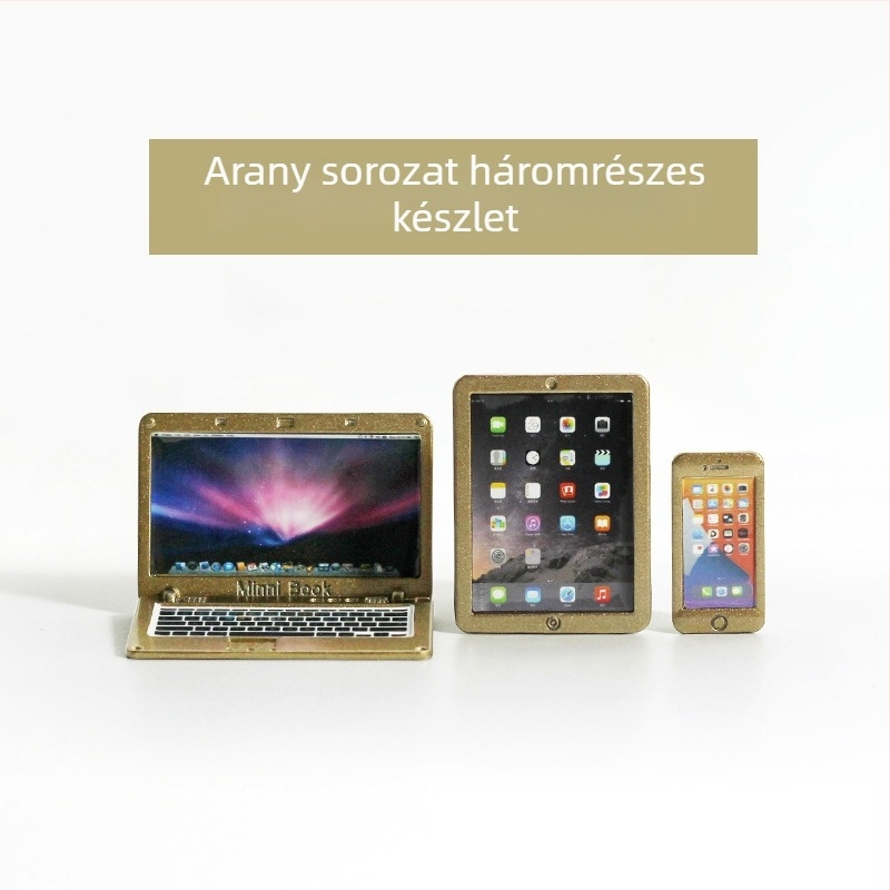 Babaház kiegészítők — Mini hajlítható jegyzetfüzet, imitációs mini számítógép, tablet és telefon, háromrészes modell N122 (Anyag: ötvözet; Feldolgozás: minta testreszabás; 3C konfiguráció: 14 év feletti játékok; Alkalmazható kor: 18+)