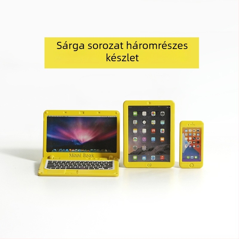 Babaház kiegészítők — Mini hajlítható jegyzetfüzet, imitációs mini számítógép, tablet és telefon, háromrészes modell N122 (Anyag: ötvözet; Feldolgozás: minta testreszabás; 3C konfiguráció: 14 év feletti játékok; Alkalmazható kor: 18+)