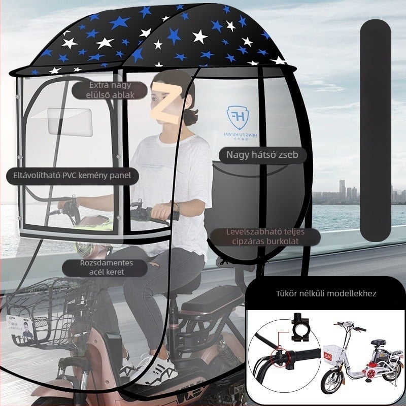 Elektromos jármű esővédő baldachin alumínium vázon, 6 merevítővel, automatikus nyitás, félautomata zárás, 190T Impact anyag, UPF 50+