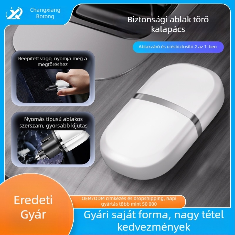 Autóbiztonsági kalapács ablakzúzóval és övfogó vágóval; anyag ABS+fém; tömeg 55 g; testreszabható