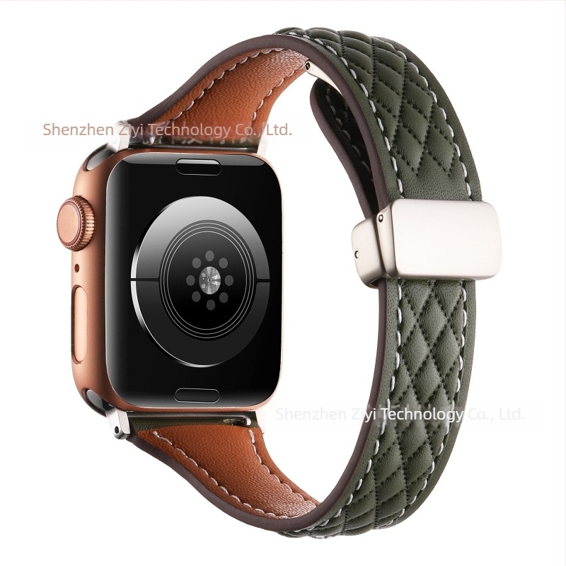 Bőr diamond mintás szíj Apple Watchhoz, kompatibil a Series 8 és 9 modelljeivel, 22 mm, mágneses csattal