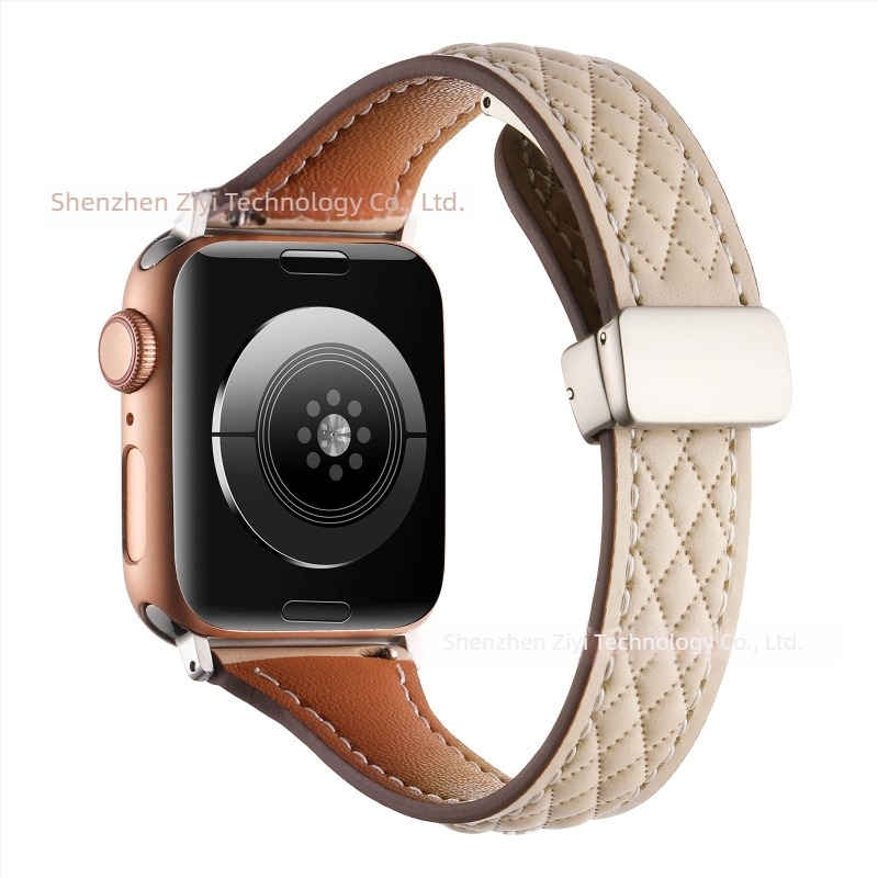 Bőr diamond mintás szíj Apple Watchhoz, kompatibil a Series 8 és 9 modelljeivel, 22 mm, mágneses csattal