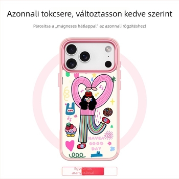 iPhone 17 Pro Max-hoz tervezett mágneses tok cserélhető hátlappal, két az egyben dizájn, prémium érzet, testreszabható, elérhető színek: rózsaszín, lila, zöld, fekete, átlátszó — Dopamine Girl