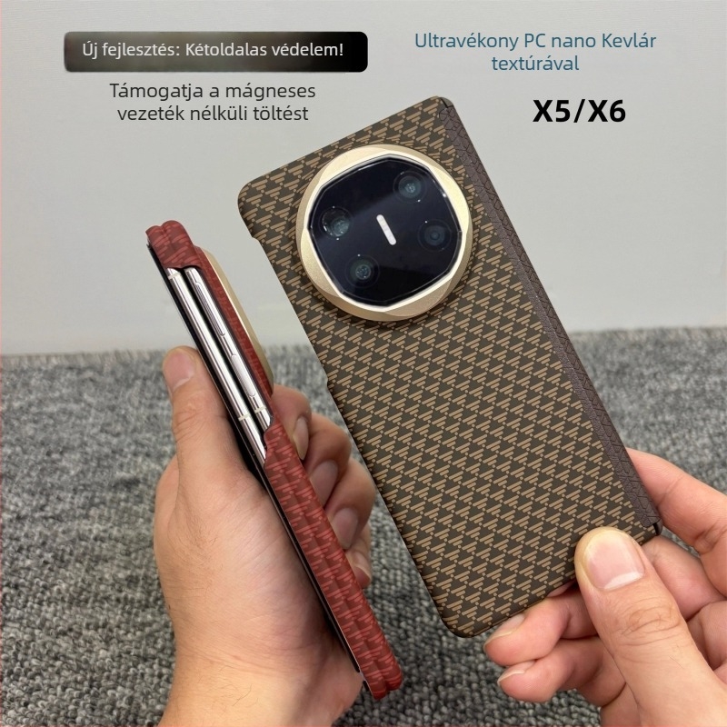 Huawei Mate X5-höz készült mágneses védőtok Kevlar mintázattal, X6 gyűjtemény, dupla középtengelyes csuklópánt, ultra vékony PC védőtok