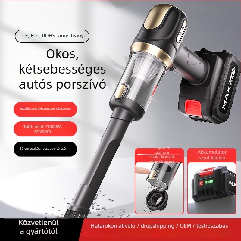 Vezeték nélküli autó porszívó – hordozható kézi modell erős szívással (20V, 120W, 20000 Pa, újratölthető, 5 m hosszú kábel)
