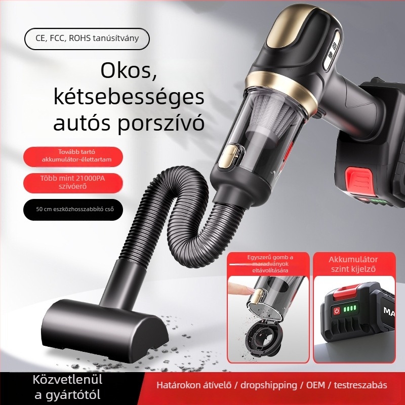 Vezeték nélküli autó porszívó – hordozható kézi modell erős szívással (20V, 120W, 20000 Pa, újratölthető, 5 m hosszú kábel)