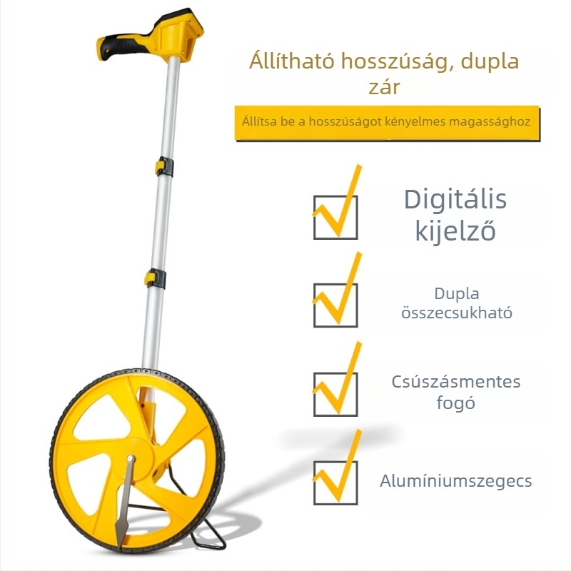 Mechanikus távolságmérő kerékkel, digitális kijelzővel, kézi működtetésű, kültéri méréshez