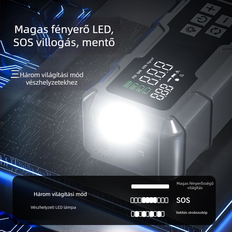 Autó indító beépített pumpával – 12V, 720A, 35 L/min, 80W, Digitális kijelző