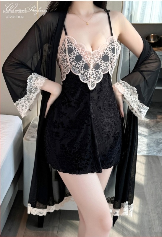 Bársonyas camisole-stílusú hálóing, V-nyakkal, fodros ujjak, szoknyahossz