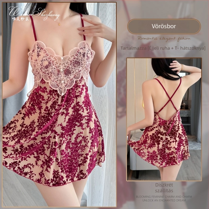 Bársonyas camisole-stílusú hálóing, V-nyakkal, fodros ujjak, szoknyahossz