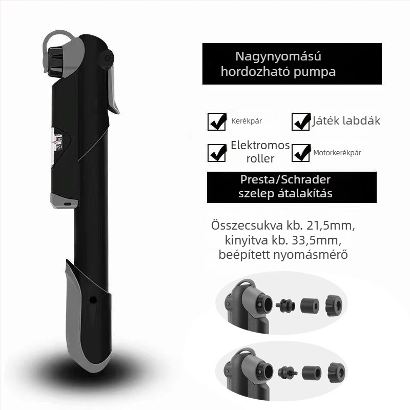 Mini hordozható kerékpárpumpa nyomásmérővel (Model 61, műanyag test)