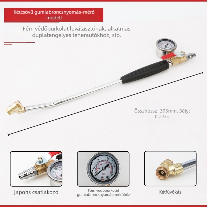Kétfejű levegőcső a teherautó gumikhoz – gyors felfúvó eszköz manométerrel, Mussen Hall, auto javítás, 0,4 kg