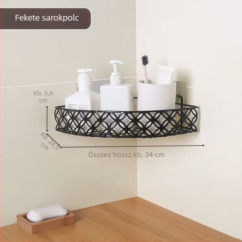 Fúrás nélkül: Fürdőszobai háromszög alakú sarokpolc, falra szerelhető, kovácsoltvas, többszintes tároló