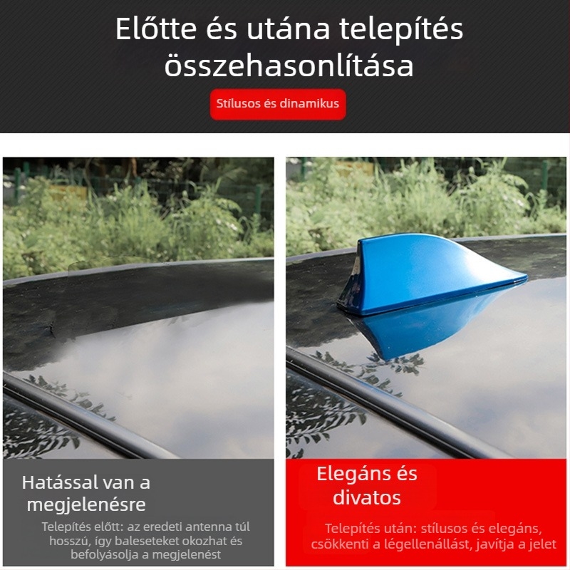 Cápafejes autóantenna rádióhoz; Szerelés: ragasztós; Feszültség: 12V; Áram: 12A; Élettartam: 999999