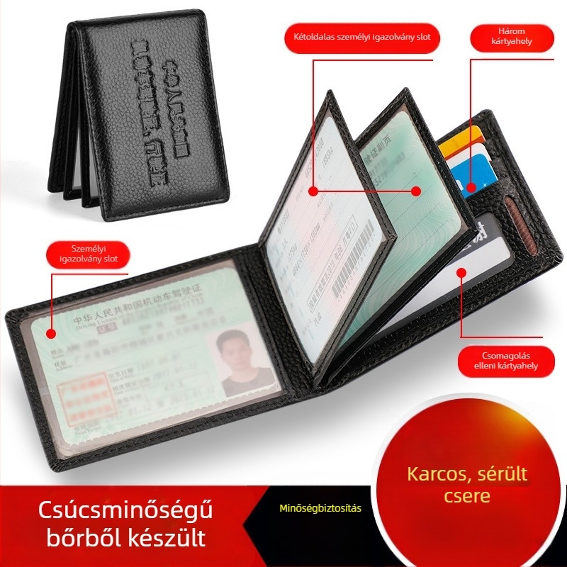 Valódi bőr jogosítvány- és dokumentumtartó – uniszex, útlevél- és kártyatartó zseb, poliészter bélés