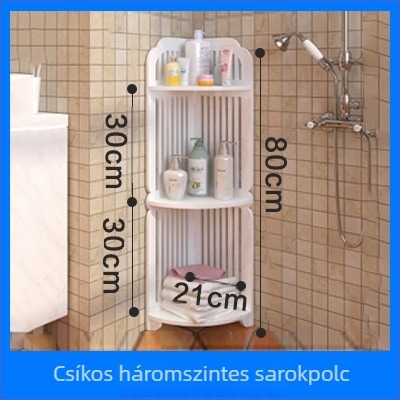 3-tiers sarokálló padlóra - nedvességálló, multifunkcionális, könnyen mozgatható; anyaga: PVC-fa-plasztik lemez; stílus: minimalistikus