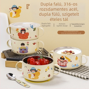 316L rozsdamentes acélból készült gyerekeknek szánt tál fedéllel, rajzfilm mintával, dupla füllel