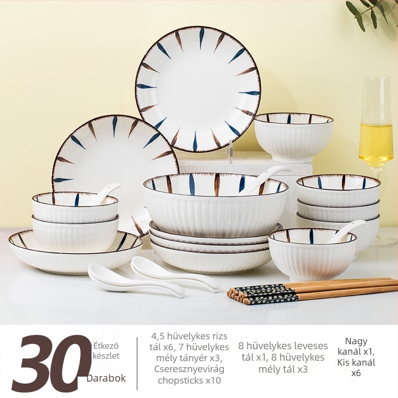 Porcelán étkészlet csíkos mintával, underglaze felülettel, kör alakú, mikrohullámú sütőben használható