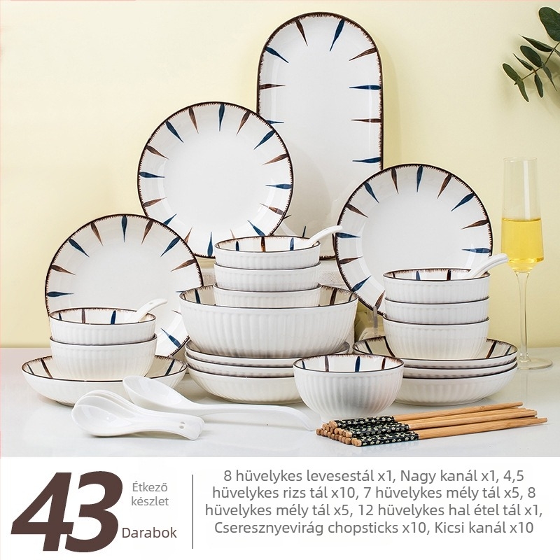 Porcelán étkészlet csíkos mintával, underglaze felülettel, kör alakú, mikrohullámú sütőben használható