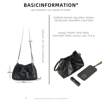 Női valódi bőrből készült crossbody táska plísírozott felhő minta, első osztályú marhabőrből, mágneses zárás (bélés: vászon, belső zseb telefonhoz, cipzáras zseb)