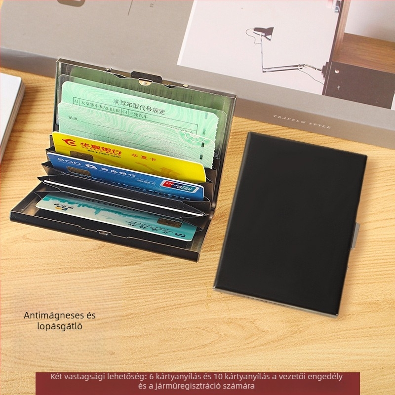 Rozsdamentes acélból készült kártyatartó, 6 kártyahellyel, uniszex, jogosítványhoz kompatibilis, lopás elleni és oxidáció elleni védelem