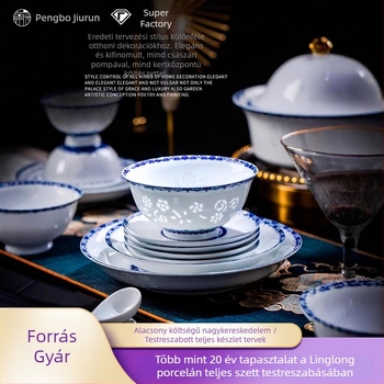 Porcelán étkészlet virágos mintával, kínai stílus, kerek formájú, aláglazúros felület, mikrohullámú sütőben használható, testreszabható