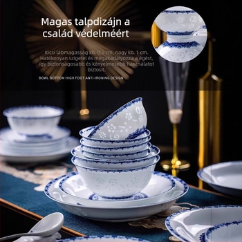 Porcelán étkészlet virágos mintával, kínai stílus, kerek formájú, aláglazúros felület, mikrohullámú sütőben használható, testreszabható
