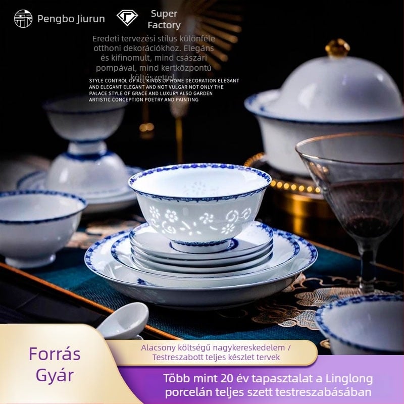 Porcelán étkészlet virágos mintával, kínai stílus, kerek formájú, aláglazúros felület, mikrohullámú sütőben használható, testreszabható