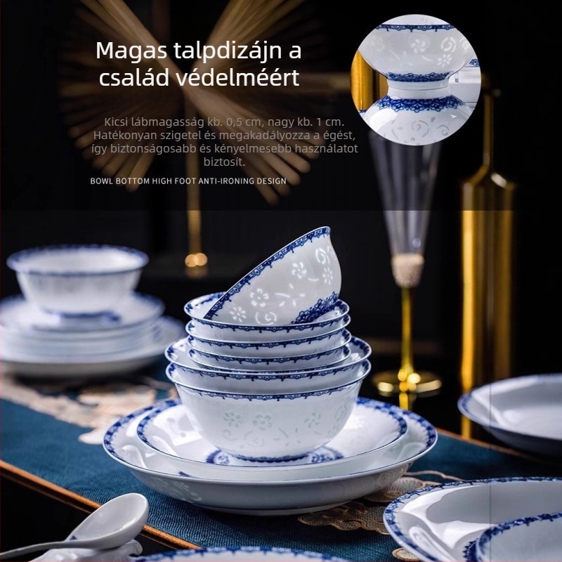 Porcelán étkészlet virágos mintával, kínai stílus, kerek formájú, aláglazúros felület, mikrohullámú sütőben használható, testreszabható