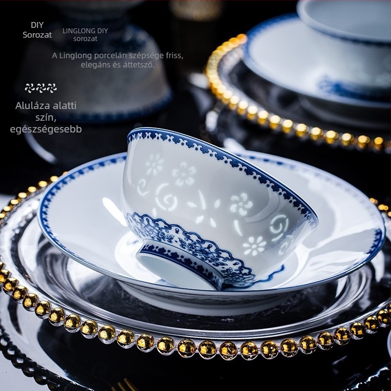 Porcelán étkészlet virágos mintával, kínai stílus, kerek formájú, aláglazúros felület, mikrohullámú sütőben használható, testreszabható