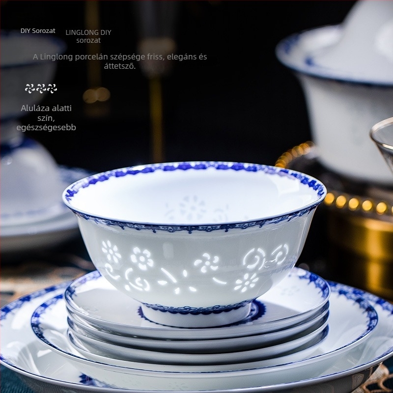 Porcelán étkészlet virágos mintával, kínai stílus, kerek formájú, aláglazúros felület, mikrohullámú sütőben használható, testreszabható