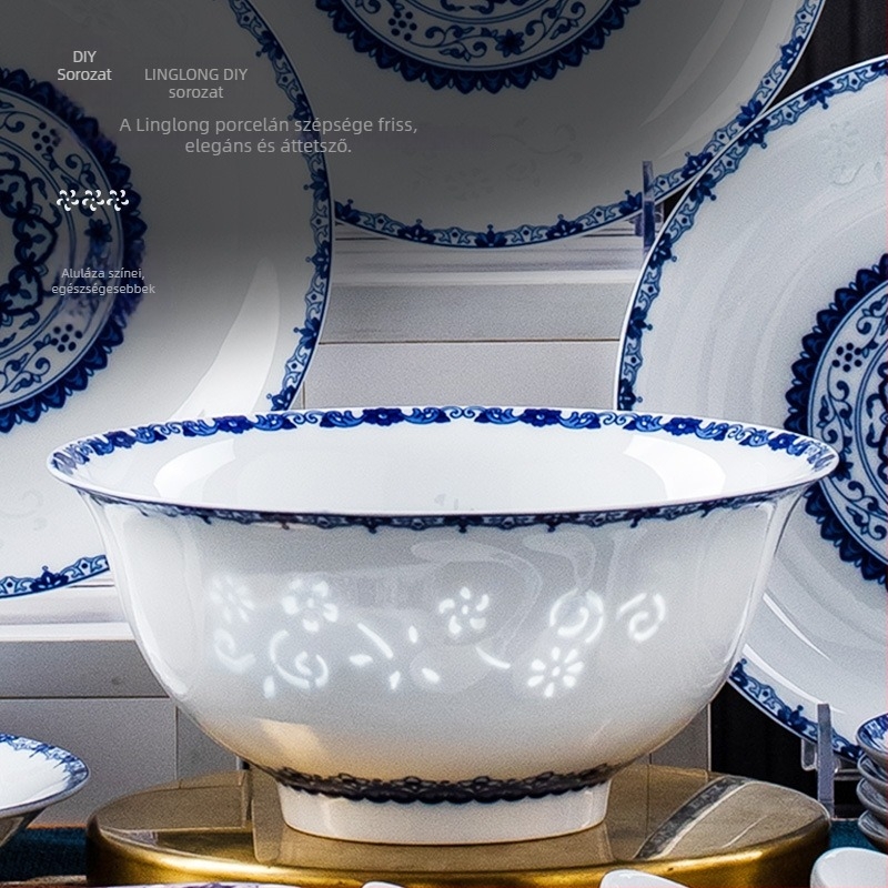 Porcelán étkészlet virágos mintával, kínai stílus, kerek formájú, aláglazúros felület, mikrohullámú sütőben használható, testreszabható