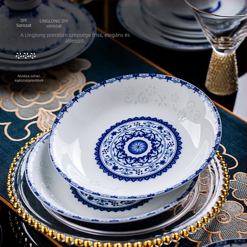Porcelán étkészlet virágos mintával, kínai stílus, kerek formájú, aláglazúros felület, mikrohullámú sütőben használható, testreszabható