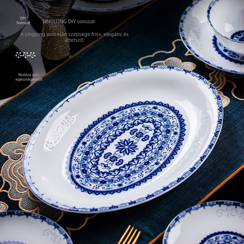 Porcelán étkészlet virágos mintával, kínai stílus, kerek formájú, aláglazúros felület, mikrohullámú sütőben használható, testreszabható