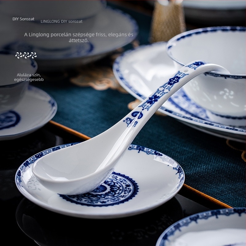 Porcelán étkészlet virágos mintával, kínai stílus, kerek formájú, aláglazúros felület, mikrohullámú sütőben használható, testreszabható