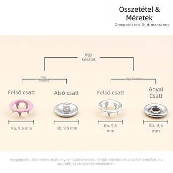 Öt karmás gombmontázs készlet – ötvözet, öt karmából álló zsanér, kabátokra, farmerekre, ingekre és külső nadrágokra; csomagolás 100 db