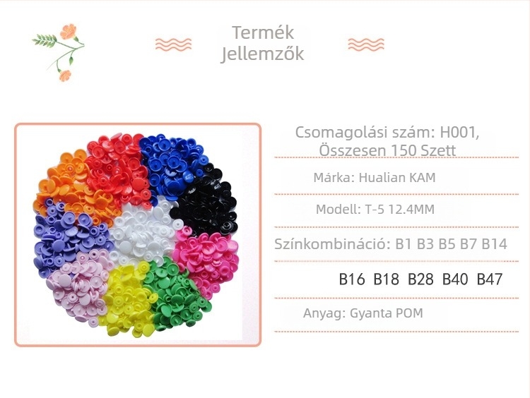 Hualian KAM márka T5 négyszeres snap gomb, műanyag gyanta, kabátokhoz, farmerokhoz és táskákhoz