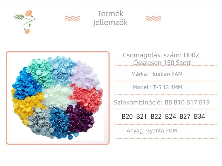 Hualian KAM márka T5 négyszeres snap gomb, műanyag gyanta, kabátokhoz, farmerokhoz és táskákhoz