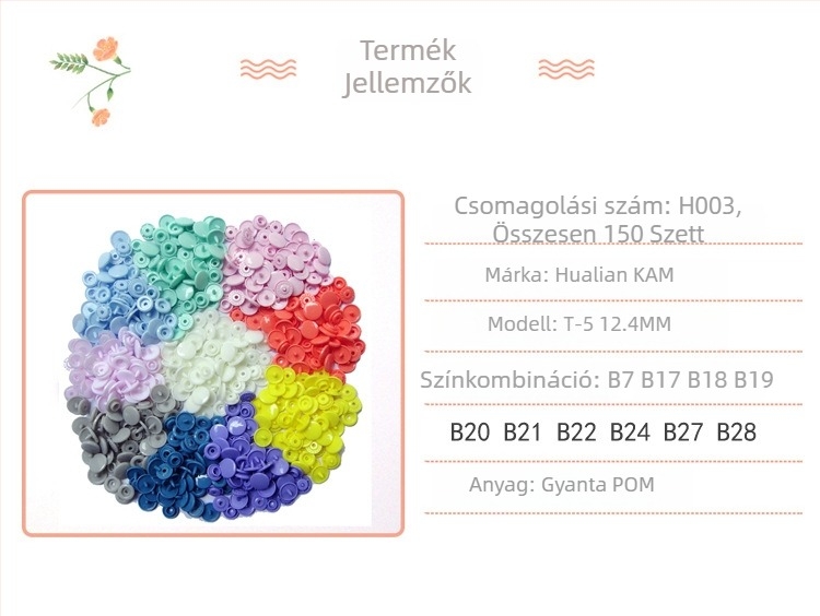 Hualian KAM márka T5 négyszeres snap gomb, műanyag gyanta, kabátokhoz, farmerokhoz és táskákhoz