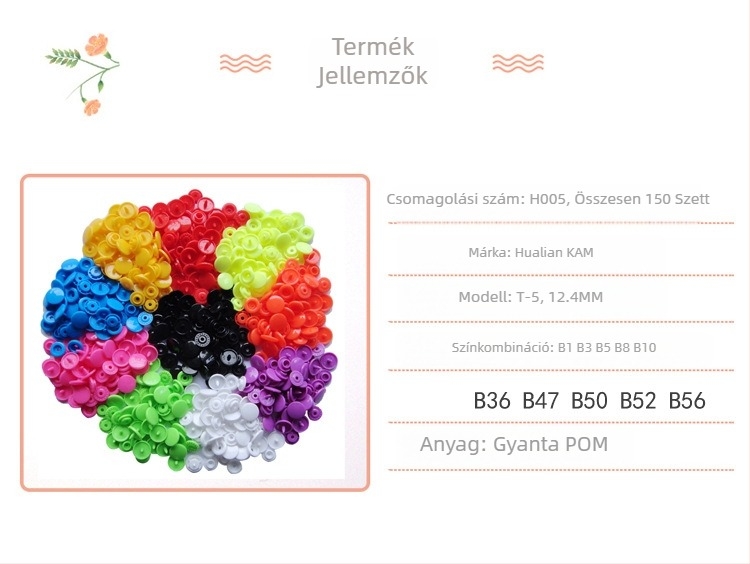 Hualian KAM márka T5 négyszeres snap gomb, műanyag gyanta, kabátokhoz, farmerokhoz és táskákhoz