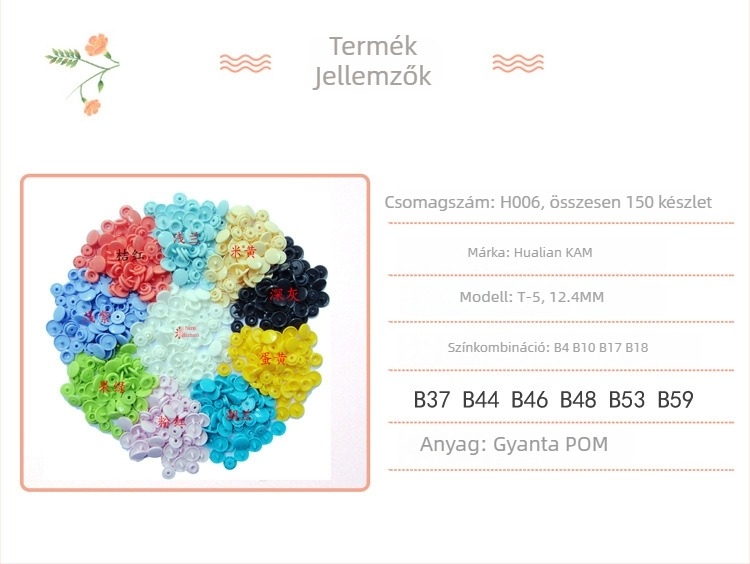 Hualian KAM márka T5 négyszeres snap gomb, műanyag gyanta, kabátokhoz, farmerokhoz és táskákhoz
