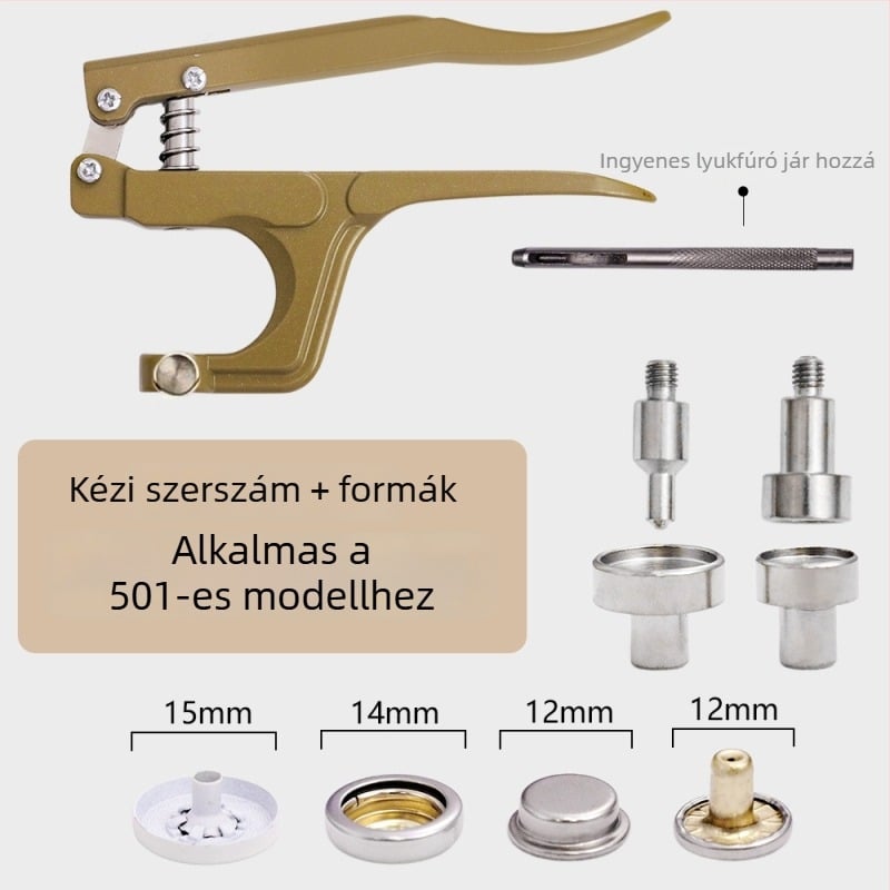 Fém csattal történő ruházat és kiegészítő montázsához kézi préselő készlet; Anyag: fém; Szerkezet: kézi préselő csipesz; Alkalmazás: kabátok, farmerok, sapkák, nadrágok, bőrből készült ruházat, táskák; Márka: Xinghe