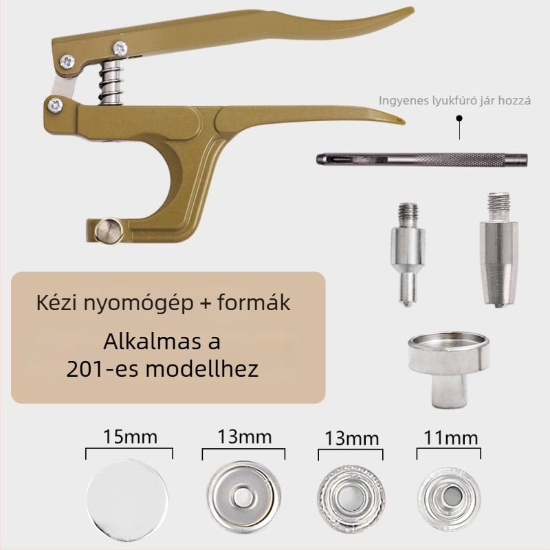 Fém csattal történő ruházat és kiegészítő montázsához kézi préselő készlet; Anyag: fém; Szerkezet: kézi préselő csipesz; Alkalmazás: kabátok, farmerok, sapkák, nadrágok, bőrből készült ruházat, táskák; Márka: Xinghe