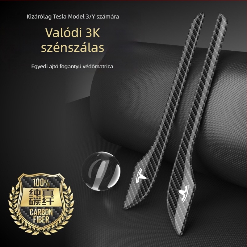 Tesla Model 3/Y ajtókilincs védőmatrica, szénszálas anyag, testreszabható fém logó, karcolások elleni védelem