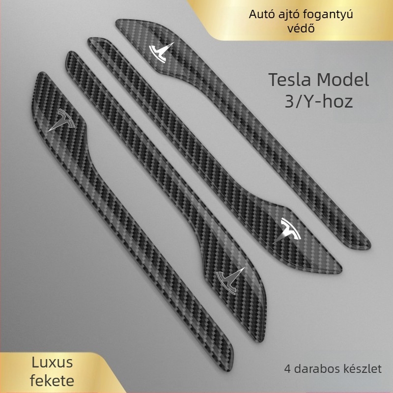 Tesla Model 3/Y ajtókilincs védőmatrica, szénszálas anyag, testreszabható fém logó, karcolások elleni védelem