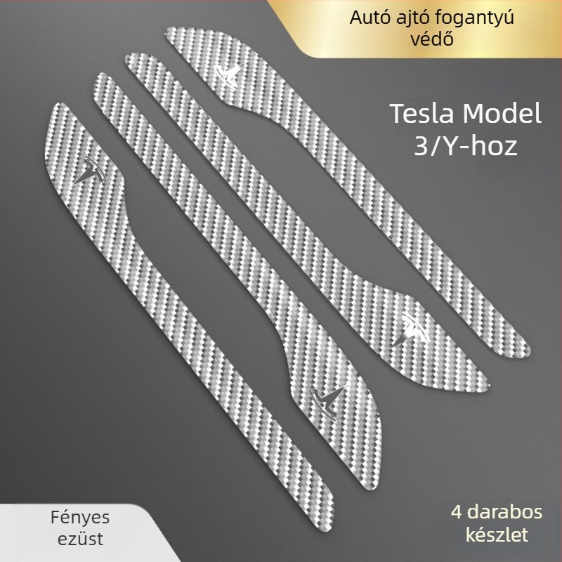 Tesla Model 3/Y ajtókilincs védőmatrica, szénszálas anyag, testreszabható fém logó, karcolások elleni védelem