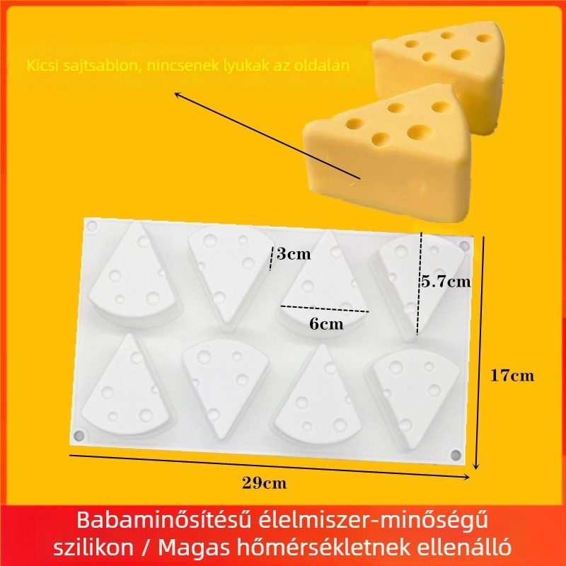 Szilikon sütőforma macska és Jerry egér dizájnnal, sajt téma, élelmiszer-minőség, szabálytalan forma, méretek 29.5 × 17.2 × 3.2 cm.