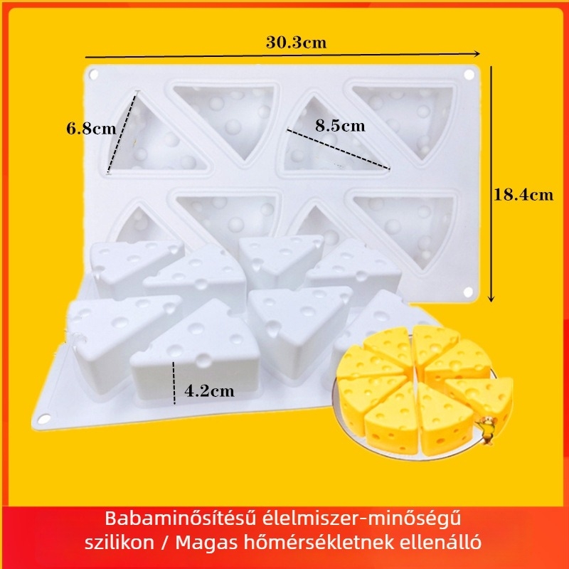 Szilikon sütőforma macska és Jerry egér dizájnnal, sajt téma, élelmiszer-minőség, szabálytalan forma, méretek 29.5 × 17.2 × 3.2 cm.