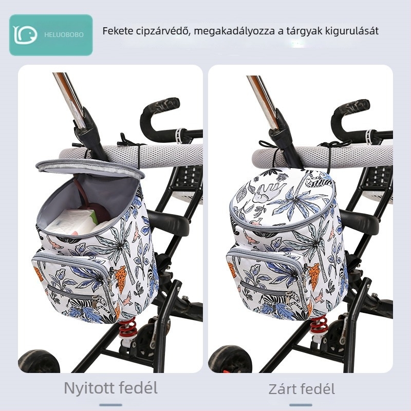 Nagy kapacitású babakocsi akasztós táska, vízálló Oxford anyagból, állatmintás, babakocsi-kompatibilis, multifunkcionális szervező