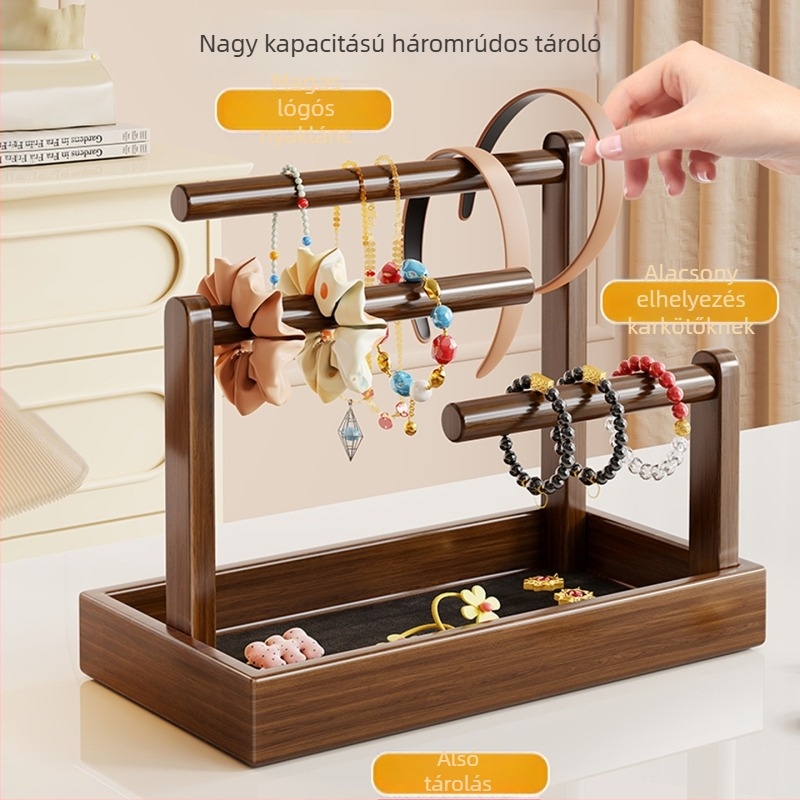 Asztali ékszerállvány fenyőből, 3-szintes, többfunkciós, modern minimalista stílus